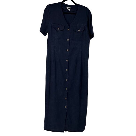 Vintage Halston Blue V Neck Full Button Front Short Sleeve Tencel Rayon Dress - Picture 7 of 9